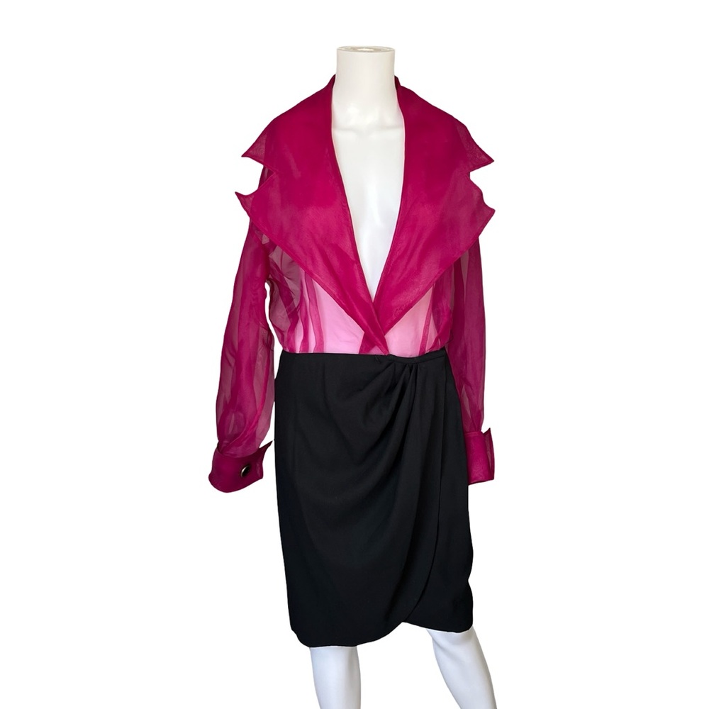 Vintage 80s AJ Bari Wrap Dress Sheer Magenta Top Plunge Colorful Size 12